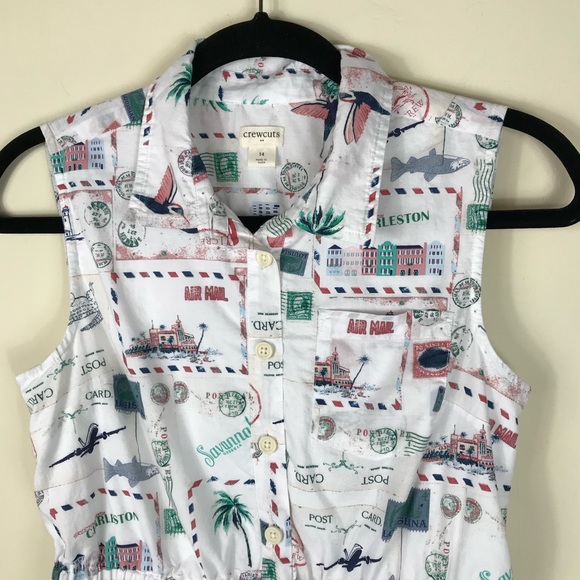 Crewcuts Factory Girls Size 14 Multicolor Waist Tie Postcard Print Shirt Dress - Picture 4 of 12
